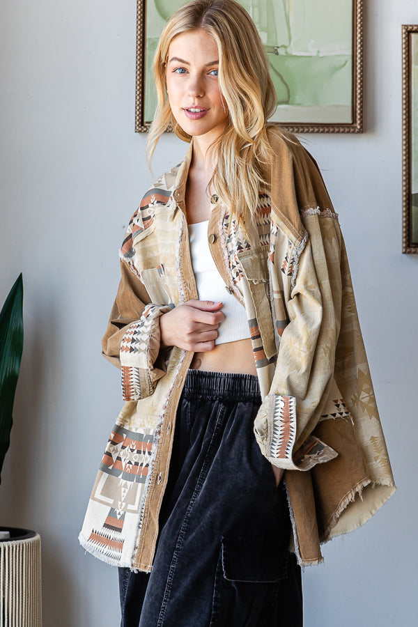 MIXED AZTEC PRINTED BUTTON DOWN SHACKET