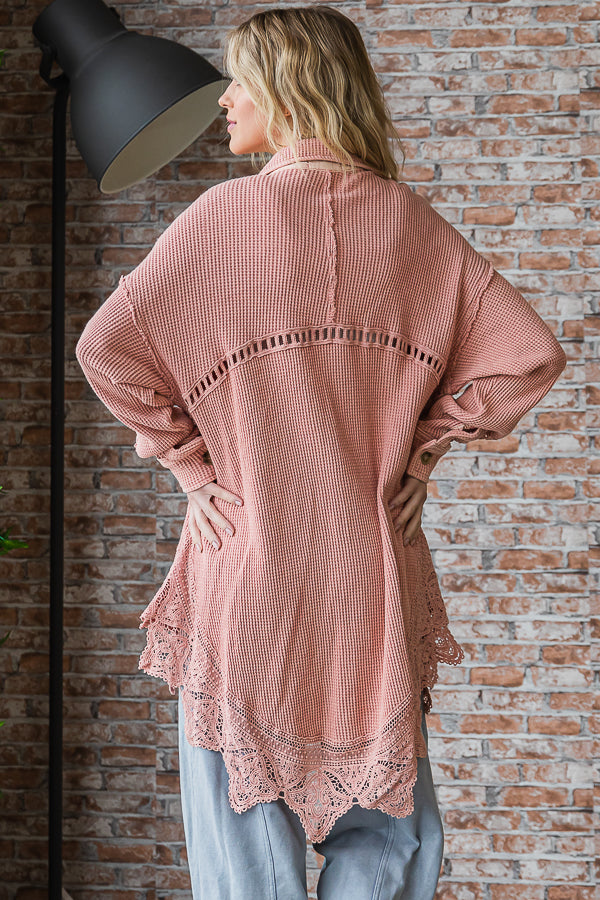 WASHED LACE HEM BUTTON FRONT SHIRT