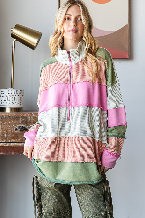 WASHED COLORBLOCK HALF ZIP PULLOVER TOP