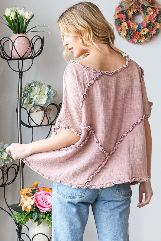 WASHED DOUBLE GUAZE RUFFLED DETAIL OVERSIZED TEE
