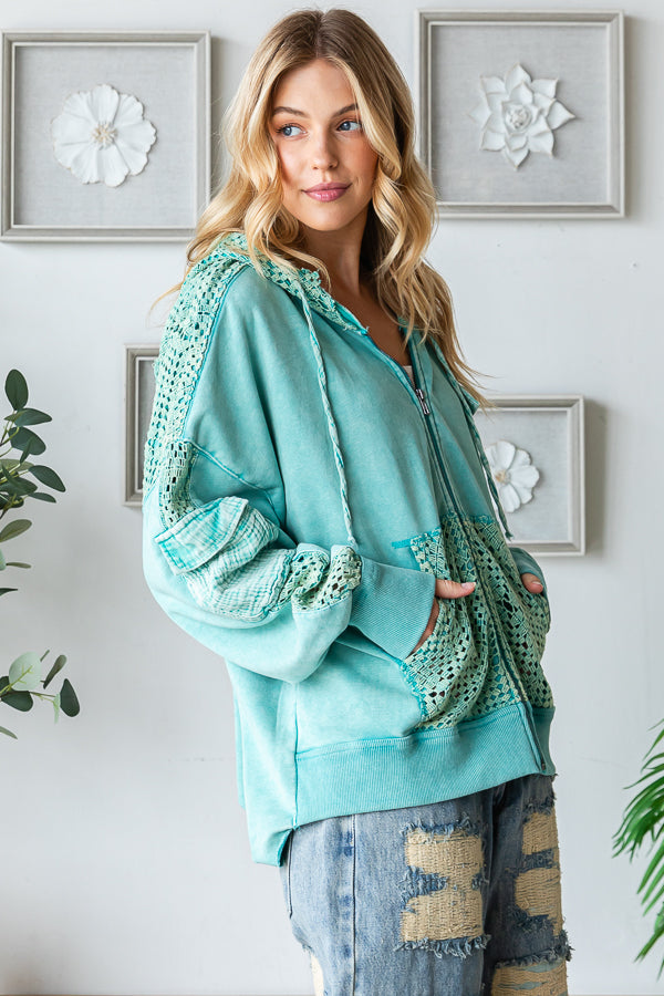 WASHED BACK TWIST DETAIL HOODED ZIP UP JACKET