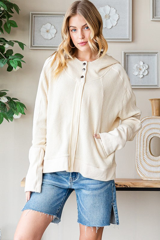 MINERAL WASHED HOODED ZIP FRONT WAFFLE JACKET