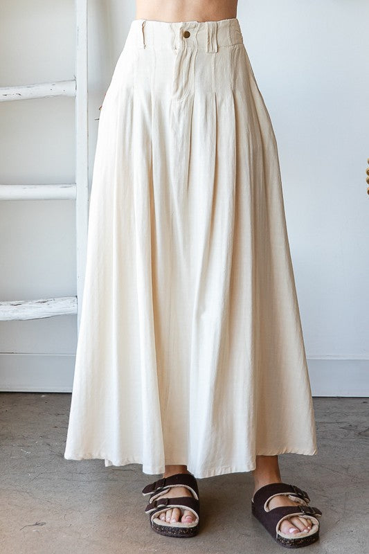 WASHED PLEATED DETAIL FLARE HEM MAXI SKIRT