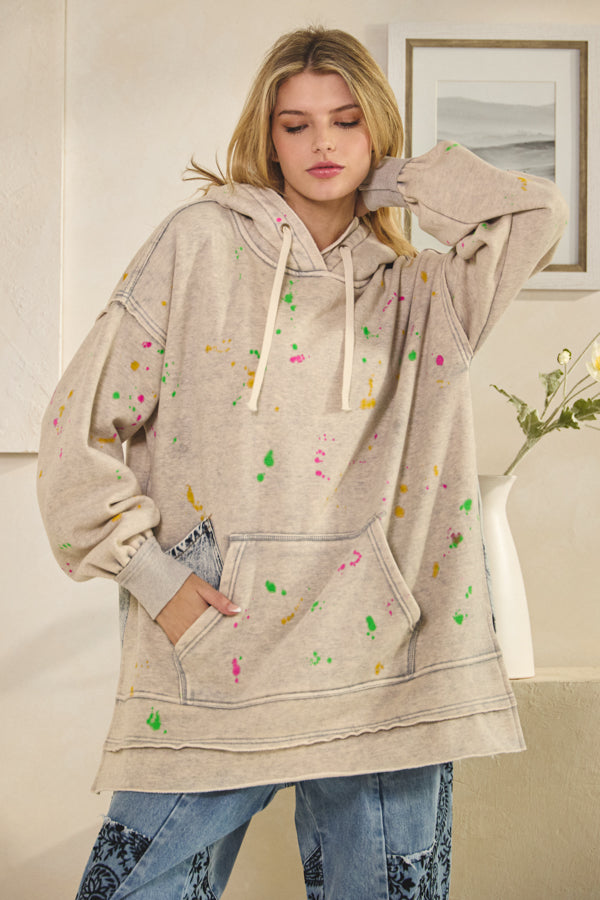 WASHED SPLATTER PAINT LONG SLEEVE HOODIE
