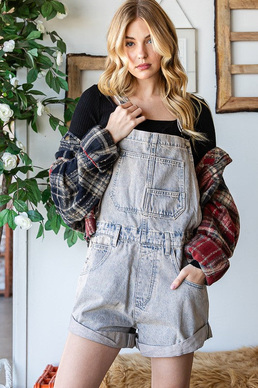 MINERAL WASHED FRONT POCKET DETAIL SHORTALLS
