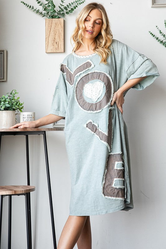 WASHED LOVE EMBROIDERY SHORT SLEEVE MIDI DRESS