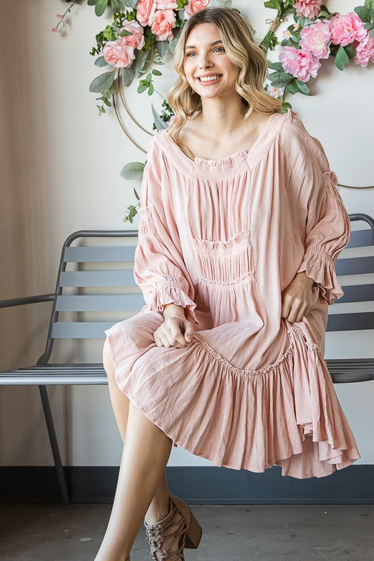 WASHED SCOOP NECK RUFFLE HEM BABYDOLL DRESS