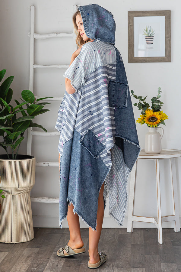 WASHED PAINT DROP DENIM PATCH FABRIC MIXED TOP