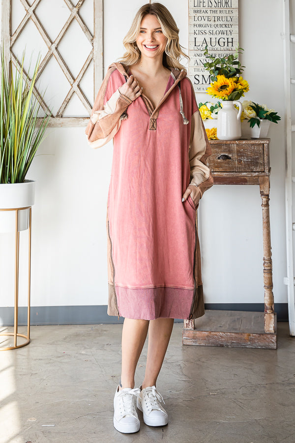 WASHED DRAWSTRING HOODED CONTRAST TUNIC DRESS