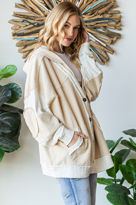 WASHED COLORBLOCK MIX MEDIA HOODED CARDIGAN