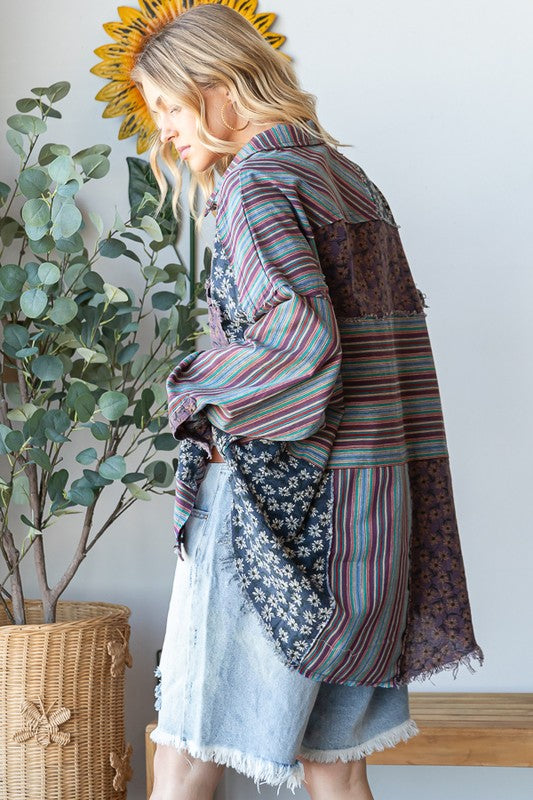 WASHED MIX MEDIA STRIPED BUTTON DOWN SHIRT