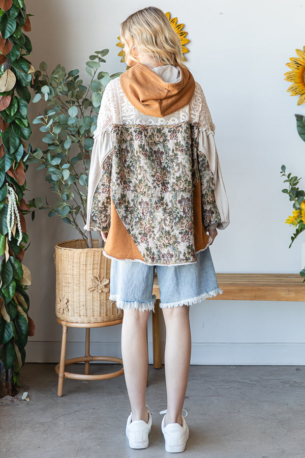 LACE YOKE LONG SLEEVE ZIP CLOSURE HOODED JACKET