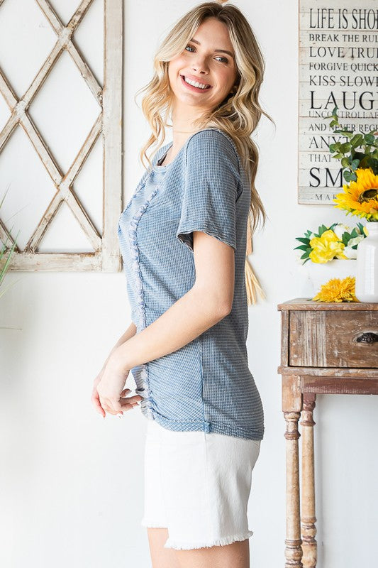 WASHED CINCHED SHORT SLEEVE KNIT TOP