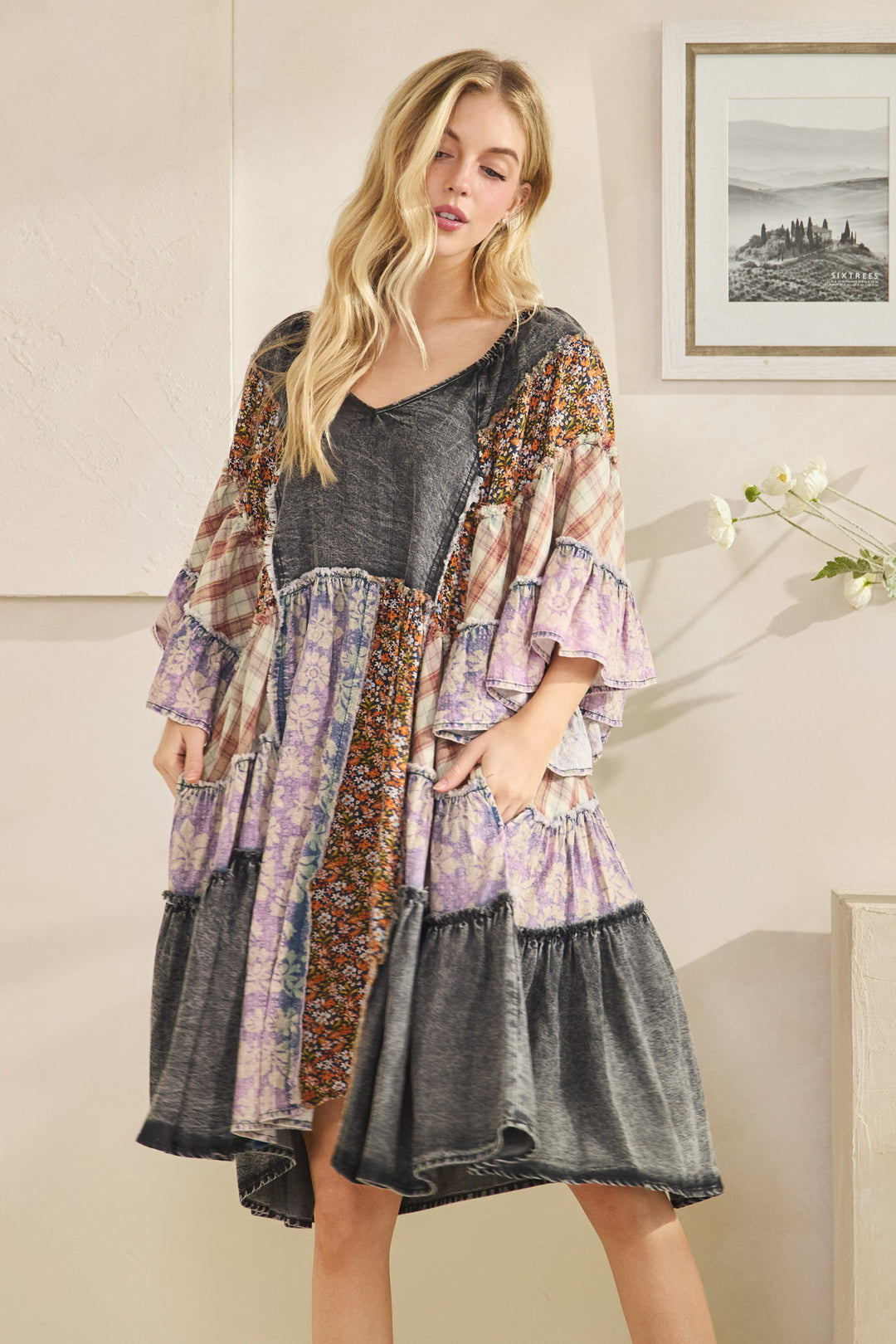 WASHED MIX PRINTED TIERED RUFFLE TUNIC TOP