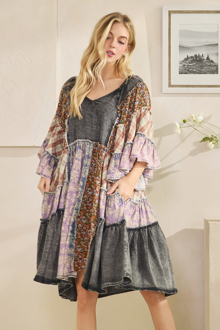 WASHED MIX PRINTED TIERED RUFFLE TUNIC TOP