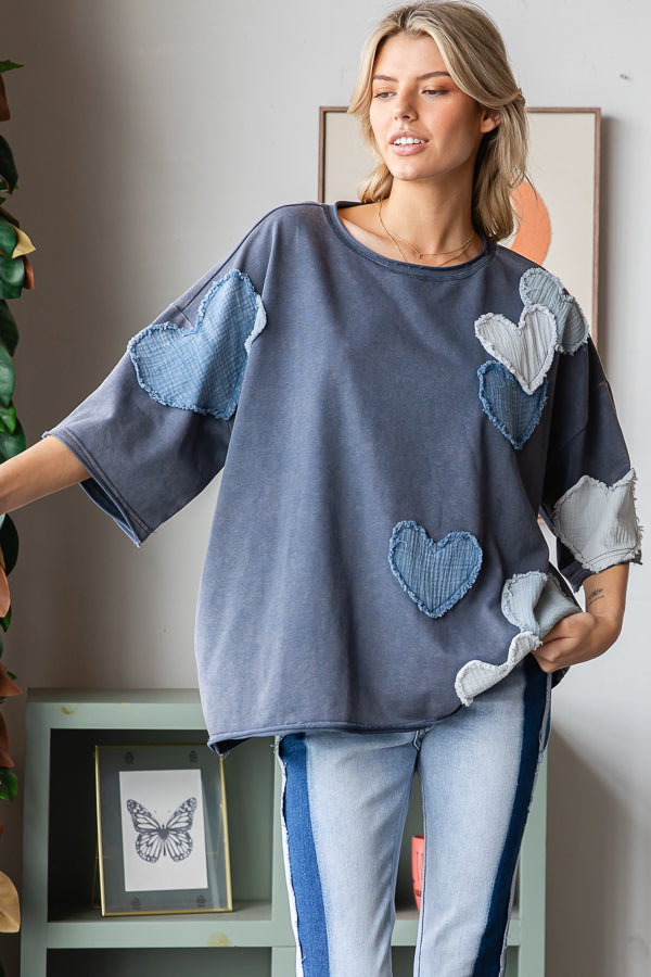 HEART PATCHWORK MINERAL WASHED SHORT SLEEVE TEE