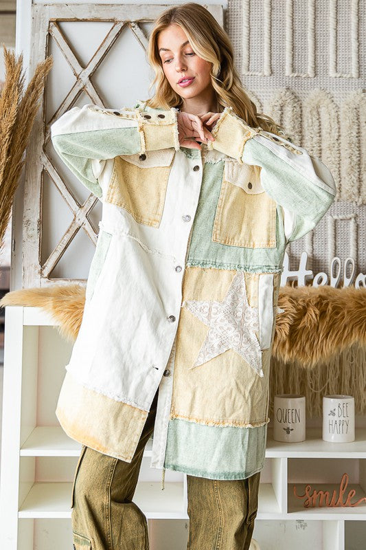 WASHED STAR PATCHWORK MIXED PLAID HOODED SHACKET