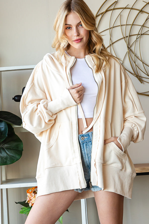 WASHED HOODED ZIP FRONT JACKET