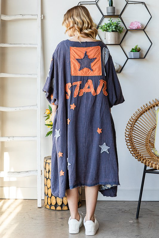 WASHED STAR PATCHWORK DETAIL BUTTON FRONT DUSTER