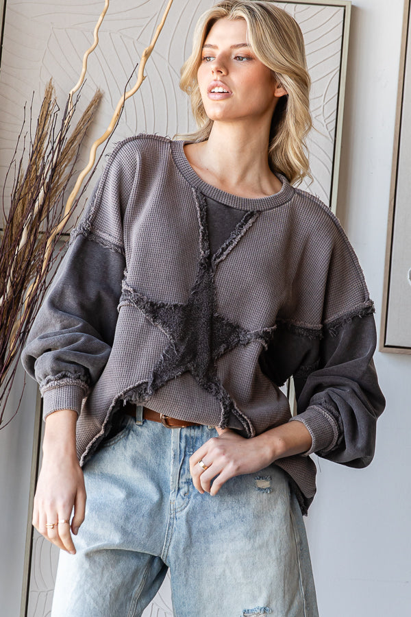 WASHED STAR PATCHWORK SOFT PULLOVER TOP