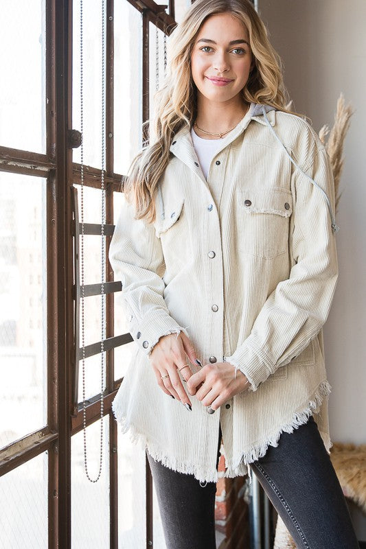 WASHED BUTTON DOWN HOODED CORDUROY JACKET