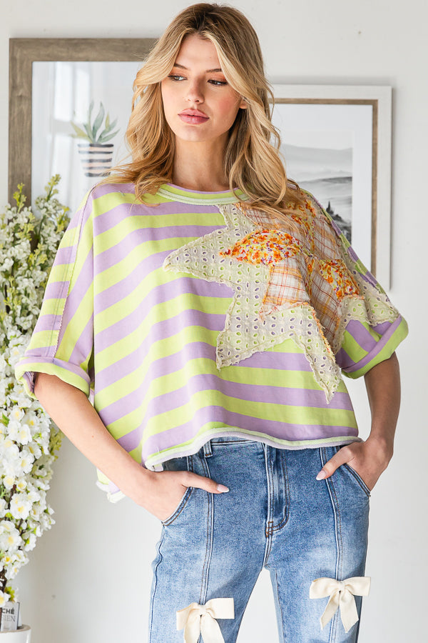STAR PATCHWORK STRIPED SHORT SLEEVE TOP