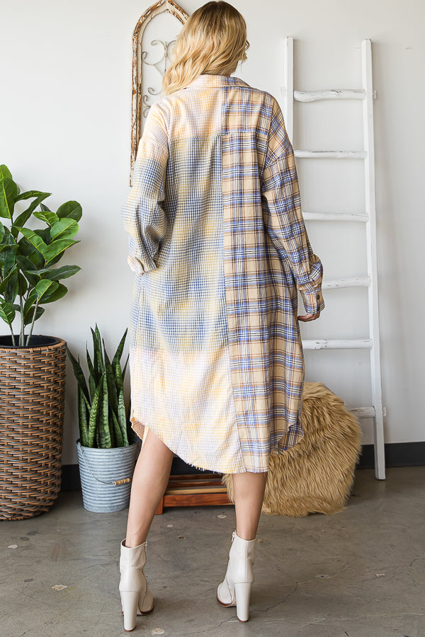 BLEACHED PLAID MIXED LONG SHIRT