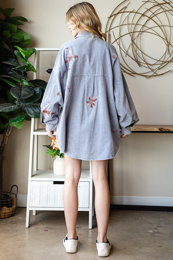 WASHED EMBROIDERED BUTTON DOWN CORDUROY SHIRT