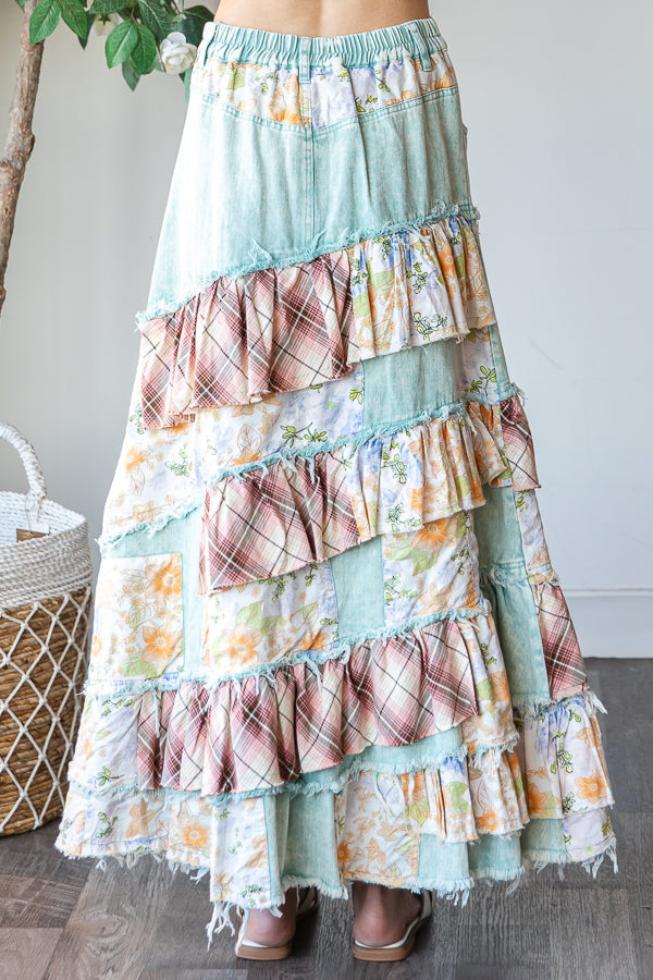 WASHED PLAID FLOWER PATCHWORK SLIT MAXI SKIRT