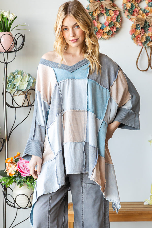 WASHED COLORBLOCK WIDE V NECK OVERSIZED TOP