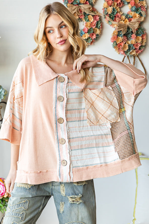 WASHED MIX MEDIA BUTTON DOWN SHORT SLEEVE SHIRT