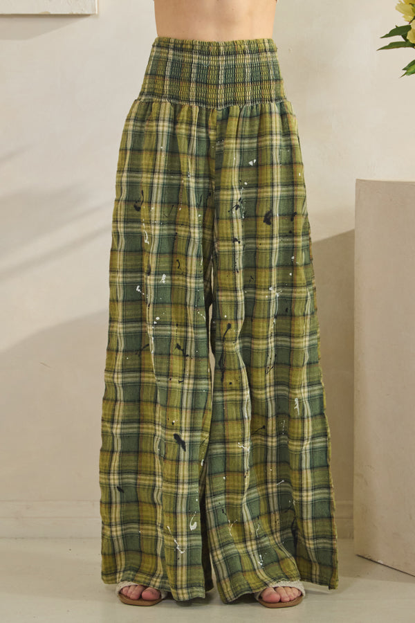 WASHED PLAID SMOCKED WAIST WIDE LEG PANTS