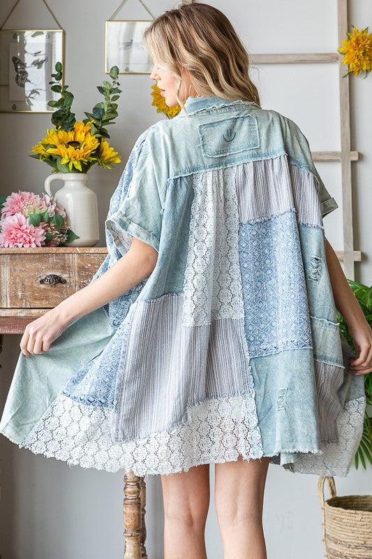 MIX MEDIA MINERAL WASHED SHORT SLEEVE SHIRT DRESS