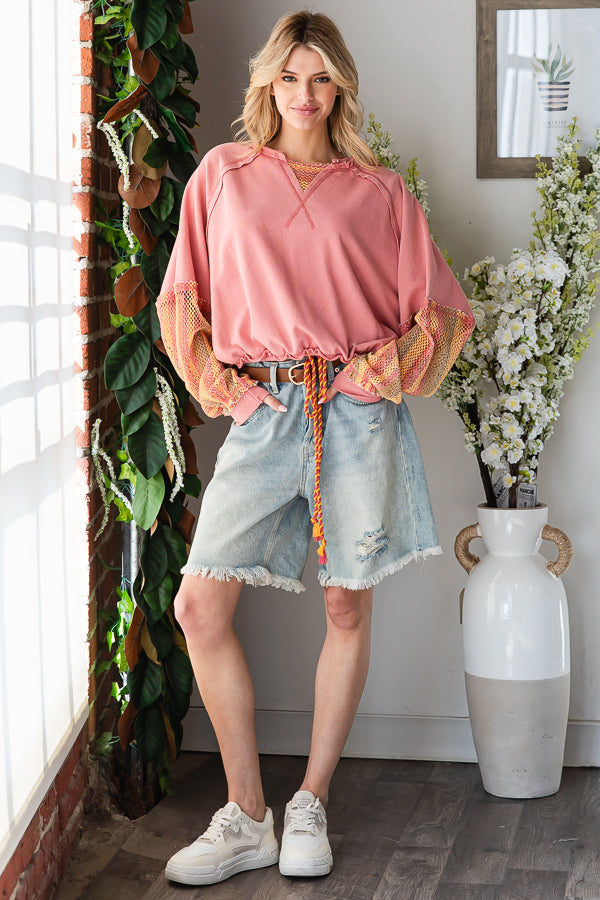 WASHED MESH SLEEVED FRENCH TERRY PULLOVER