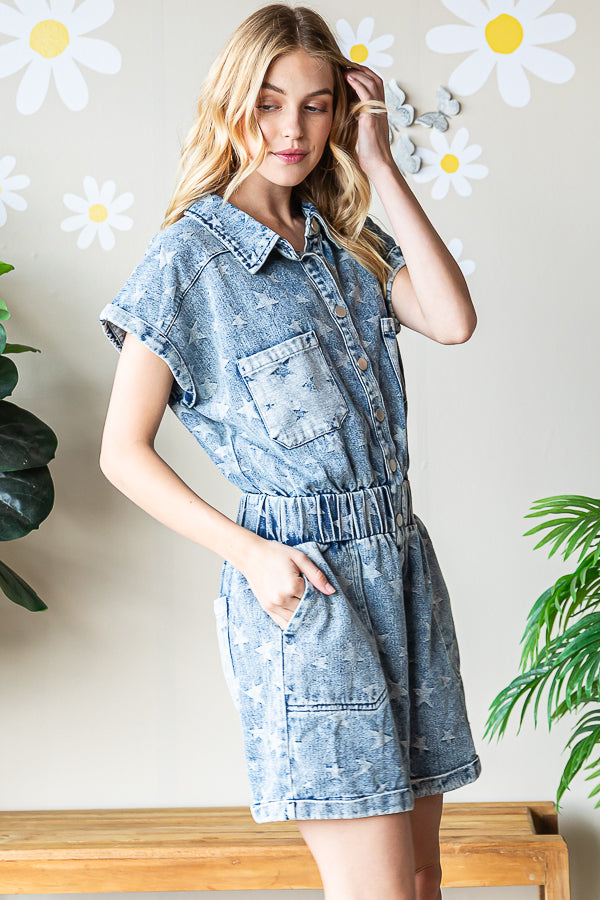 WASHED STAR PRINT ELASTIC WAISTBAND ROMPER