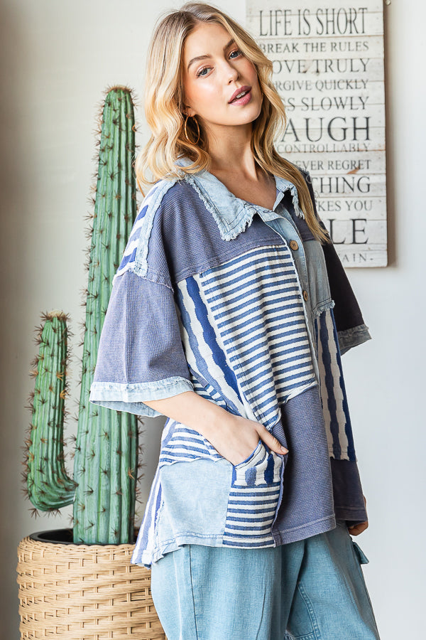 WASHED COLORBLOCK CONTRAST SHORT SLEEVE SHIRT