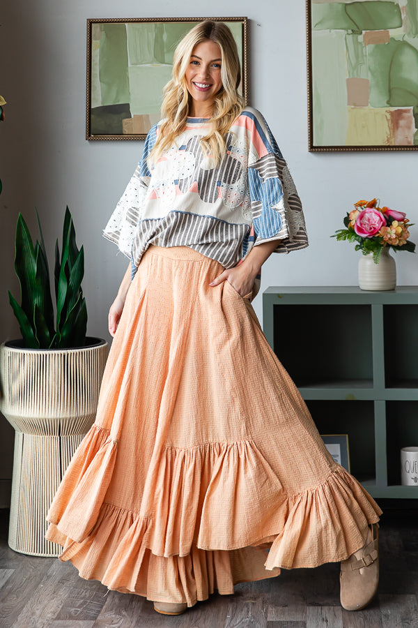 WASHED WIDE LEG RUFFLED HEM PANTS