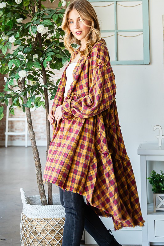 WASHED TIERED RUFFLE BACK DETAIL PLAID TUNIC SHIRT