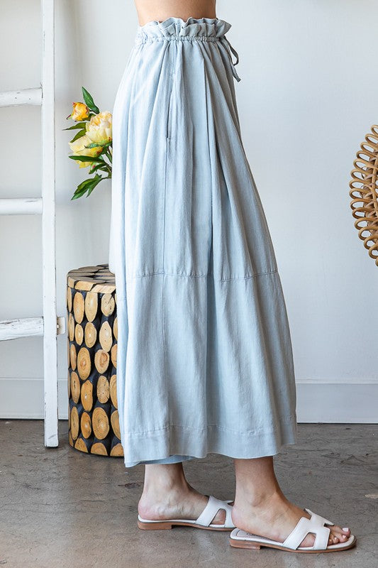 WASHED PLEATED TIE WAIST CROPPED WIDE LEG PANTS