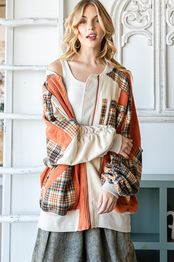 WASHED COLORBLOCK ZIP FRONT BOMBER TERRY JACKET