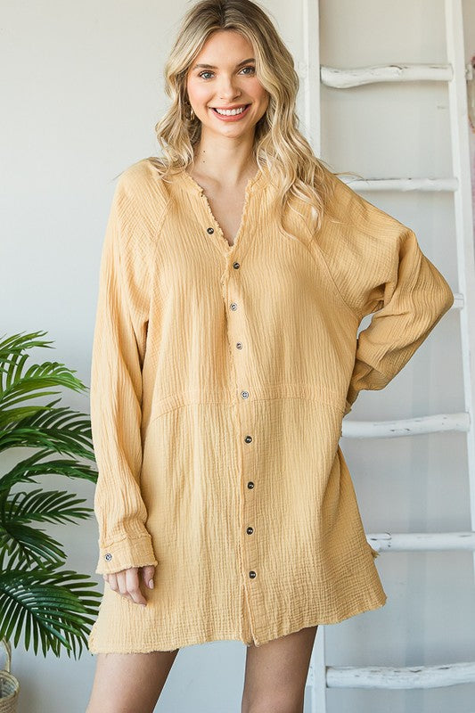 WASHED V NECK BUTTON DOWN FRONT GAUZE SHIRT