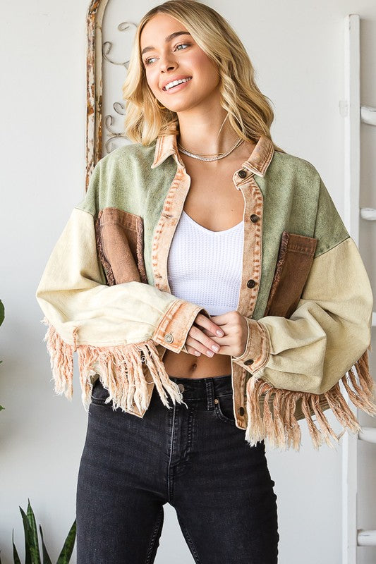 WASHED COLORBLOCK BUTTON DOWN FRINGE TWILL JACKET