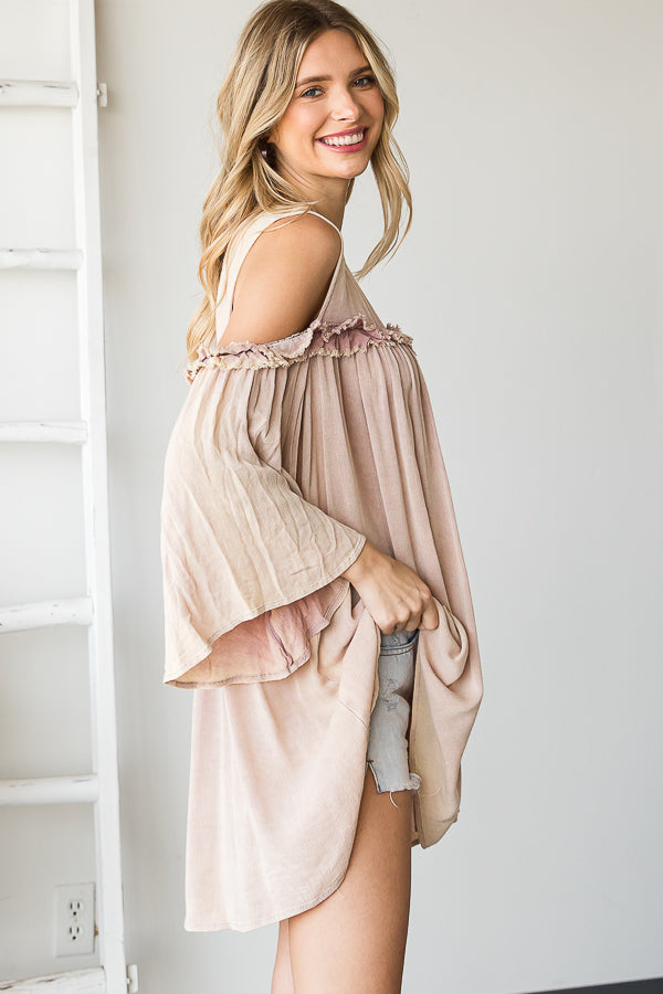 WASHED COLD SHOULDER RUFFLE DETAIL TUNIC TOP