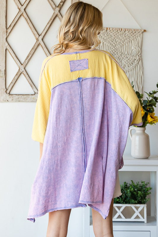 WASHED COLORBLOCK FRONT POCKET OVERSIZED BOX TEE