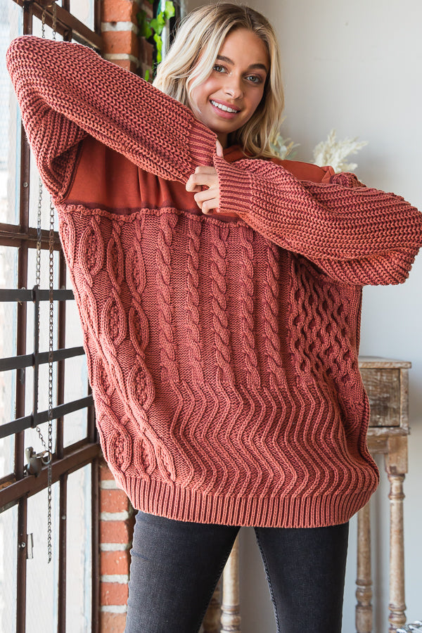 WASHED CONTRAST YOKE HOODED PULLOVER SWEATER TOP