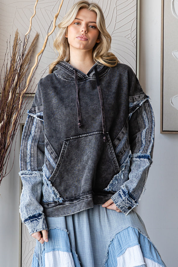 WASHED MIXED DENIM HOODED PULLOVER TOP