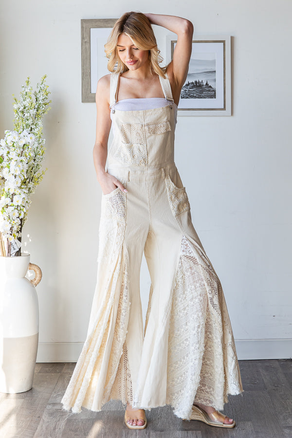 MULTI LACE PATCHWORK WIDE LEG OVERALLS