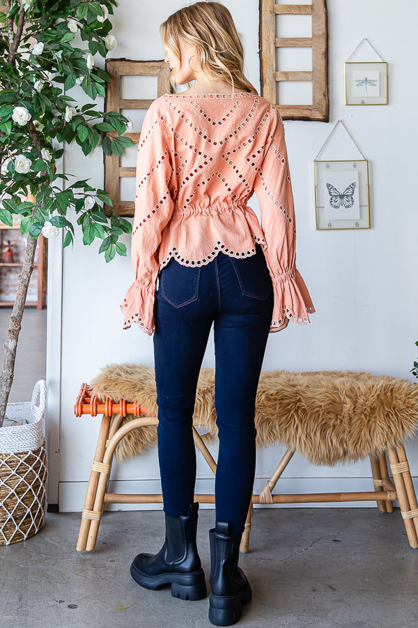 WASHED EMBROIDERED SCALLOP EDGE PEPLUM TOP