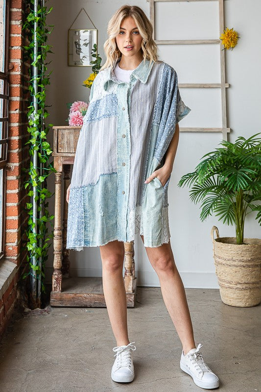 MIX MEDIA MINERAL WASHED SHORT SLEEVE SHIRT DRESS