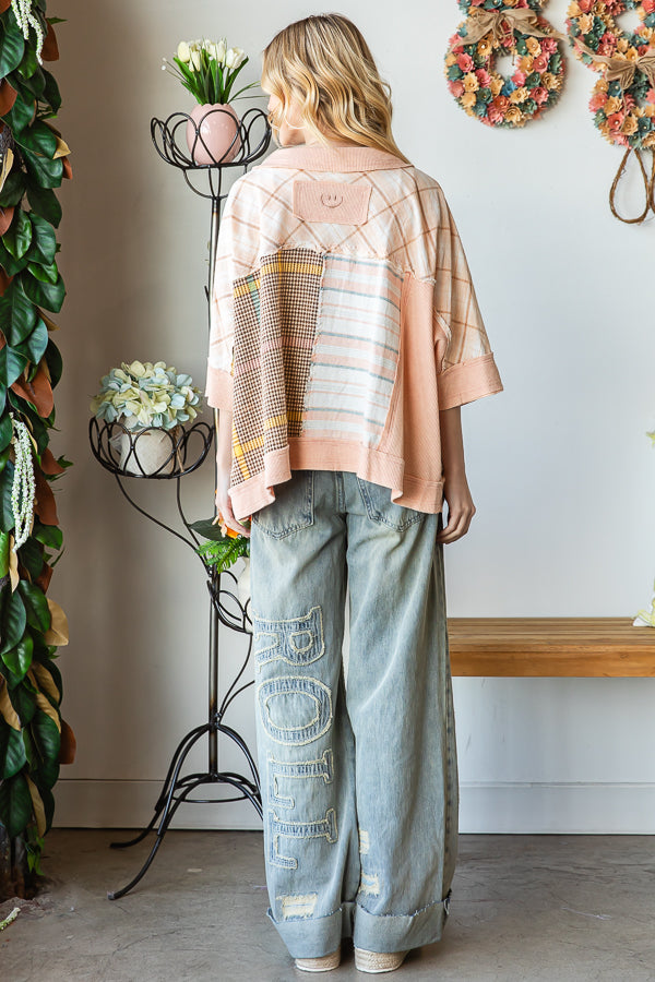 WASHED MIX MEDIA BUTTON DOWN SHORT SLEEVE SHIRT